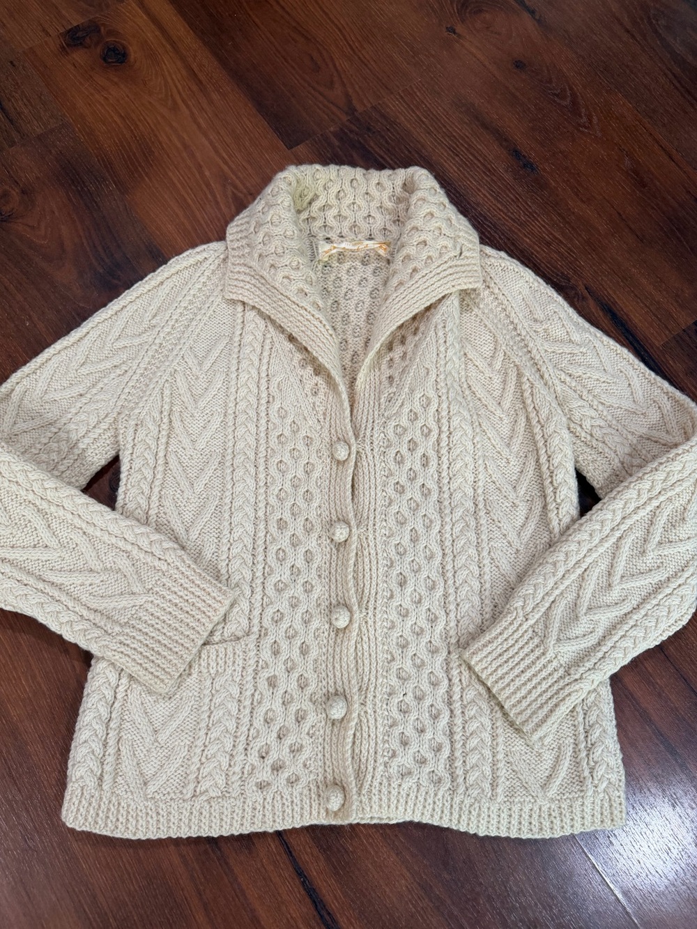Corakeel Handknit Irish Fisherman Womens Cardigan Sweater | Pure Wool | M | 1970